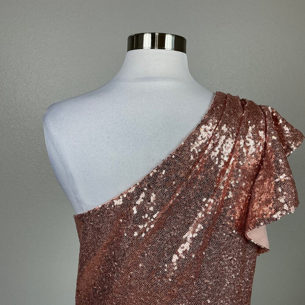 Mac Duggal 71062 Rose Gold Cocktail Dress Sequin One Shoulder Sheath Size 12 - Picture 10 of 13